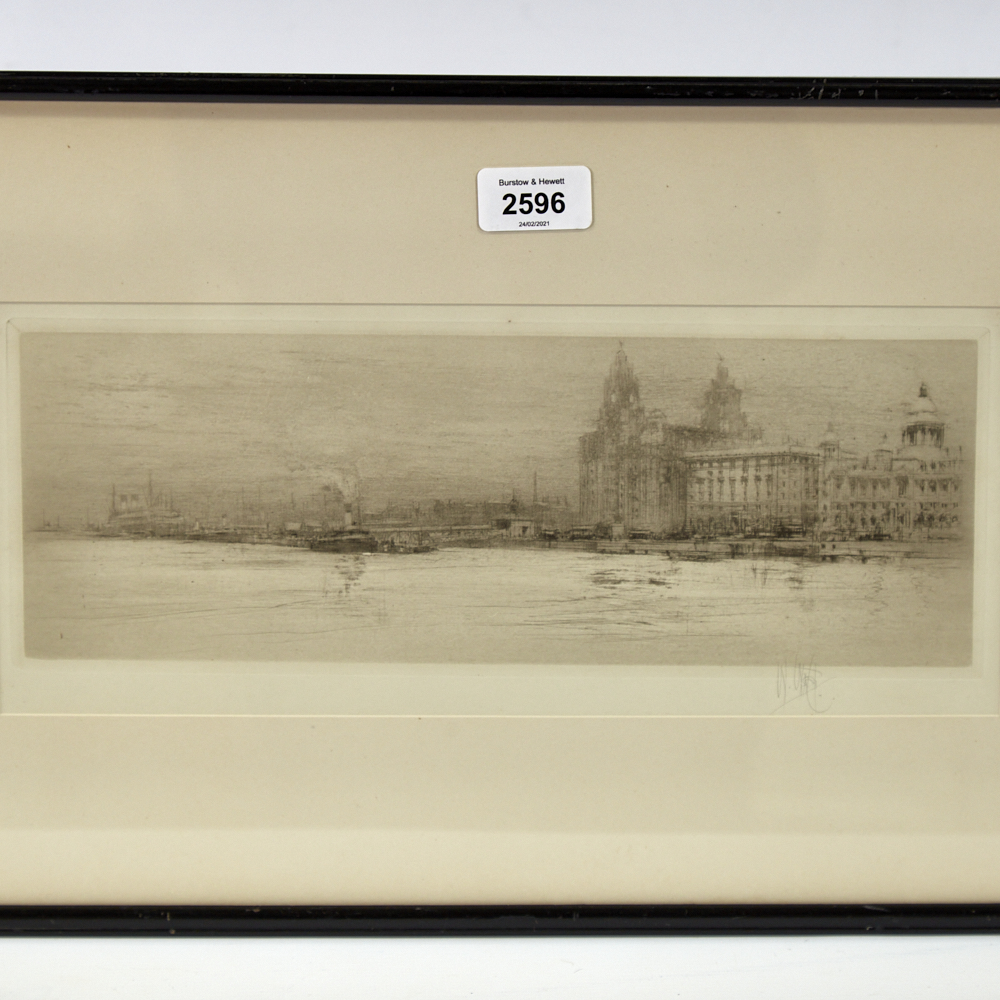 William Walcot (1874 -1943), etching, The Mersey, signed in pencil, image 4.5" x 12.5", framed A - Image 2 of 8