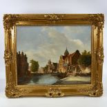 J H de Berg, oil on panel, Dutch canal scene, signed, 16" x 20", framed Good condition