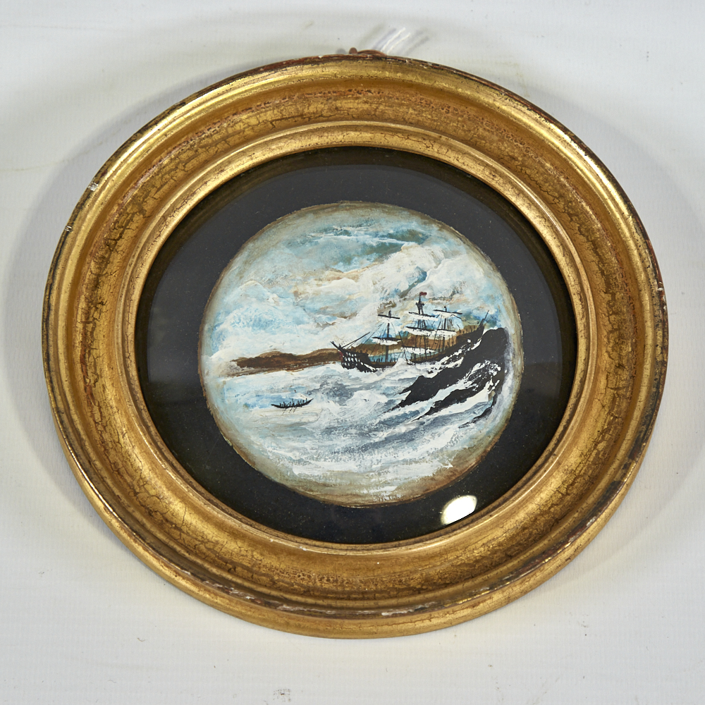 Miniature circular oil on board, shipwreck, unsigned, in gilt frame, frame diameter 6.5" Good