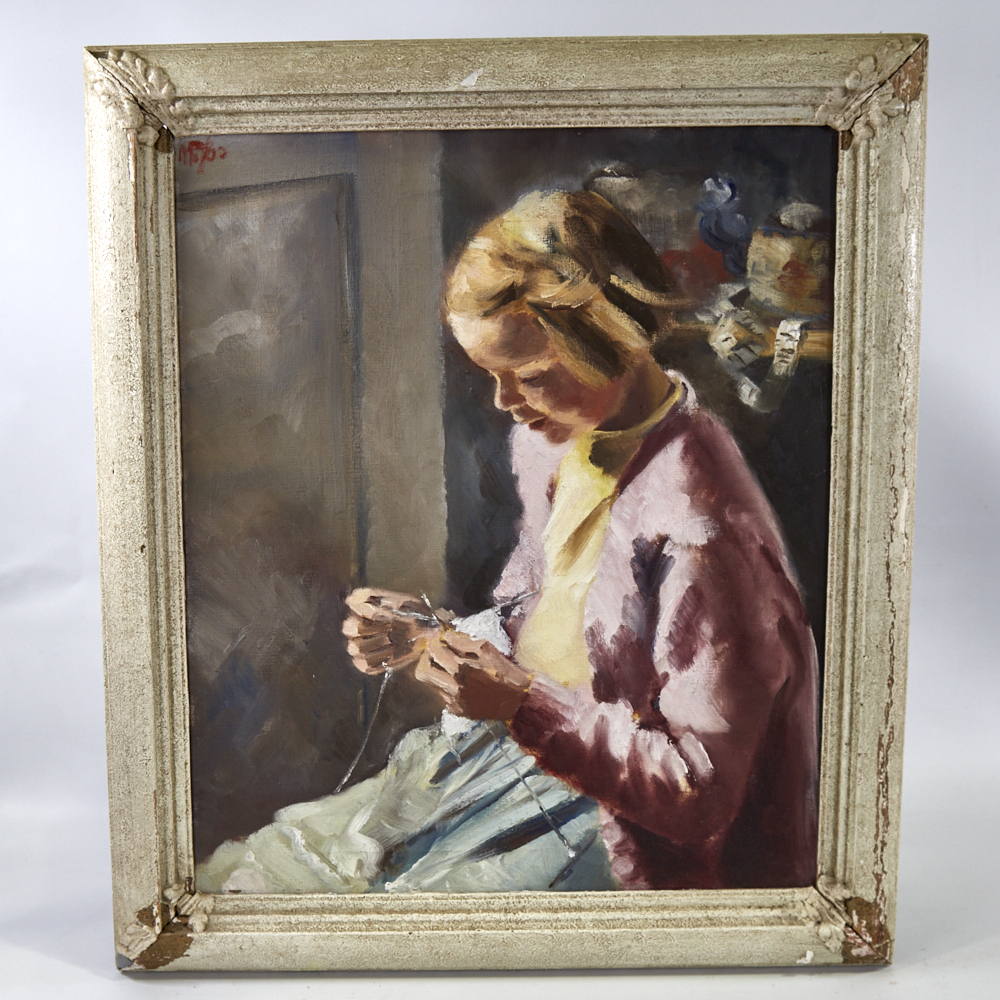 Elizabeth Pullan (1907 - 2000), oil on canvas, girl knitting, signed, 24" x 20", framed Good - Image 2 of 8