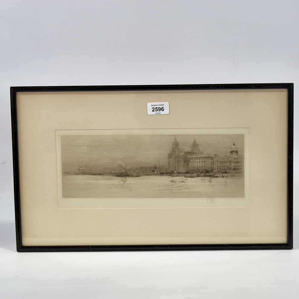 William Walcot (1874 -1943), etching, The Mersey, signed in pencil, image 4.5" x 12.5", framed A - Image 8 of 8