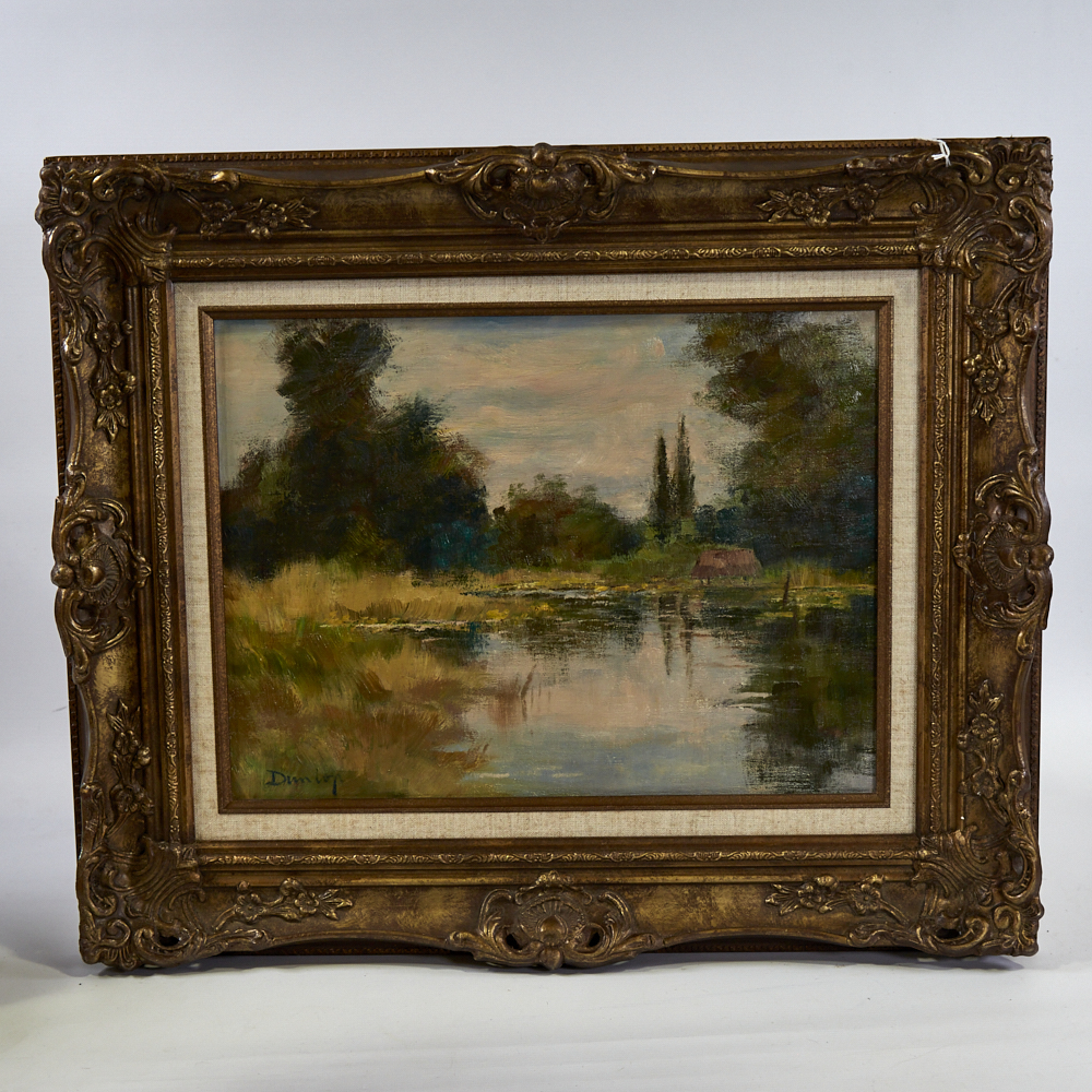 Attributed to Ronald O Dunlop, oil on canvas laid on board, impressionist lake scene, signed, 12"