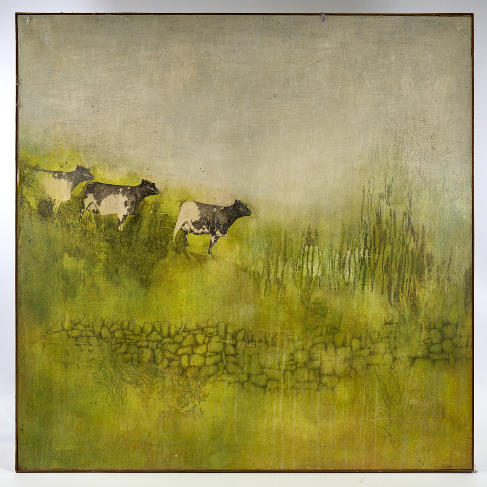 Linda Mallett, oil on canvas, cattle, 1974, 36" x 36", framed Good condition, would benefit from a