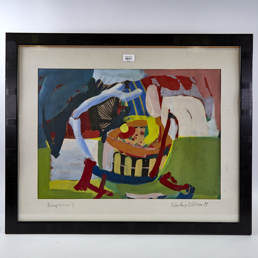 Nikolay Zlaten?, gouache on paper, Komposition I, 1999, signed and also signed on the mount, 17" x - Image 2 of 4