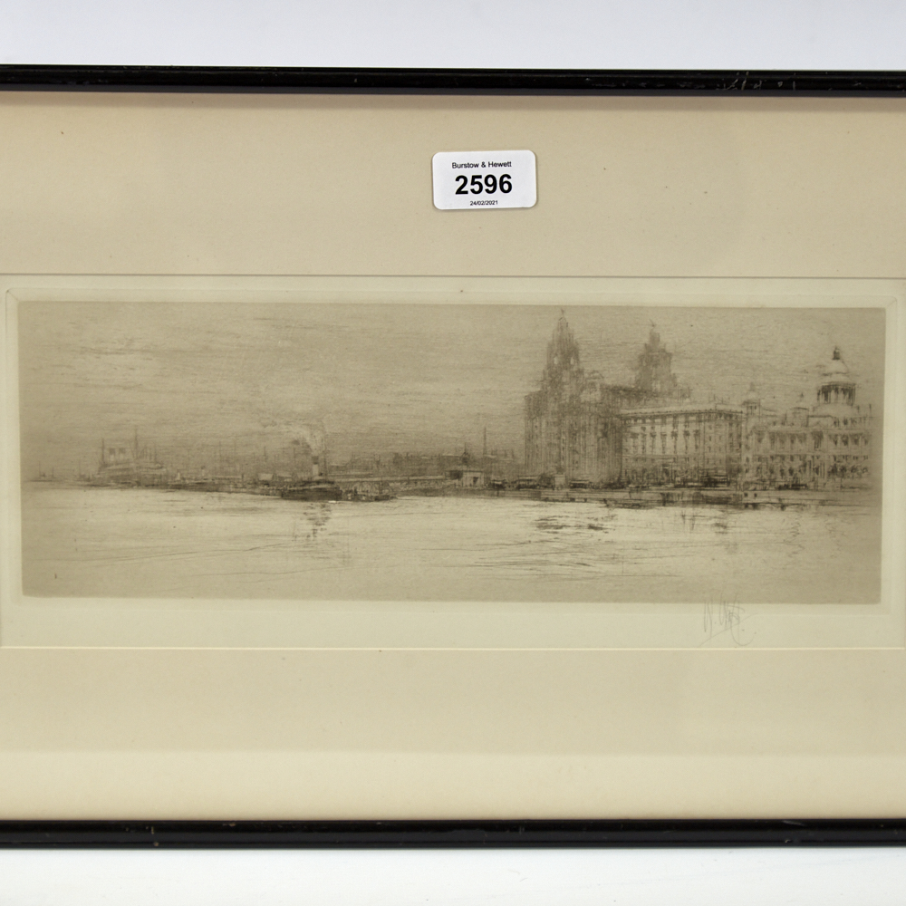 William Walcot (1874 -1943), etching, The Mersey, signed in pencil, image 4.5" x 12.5", framed A