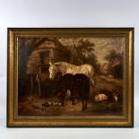 19th century oil on canvas, in the manner of J F Herring, farmyard scene, unsigned, 19" x 26",