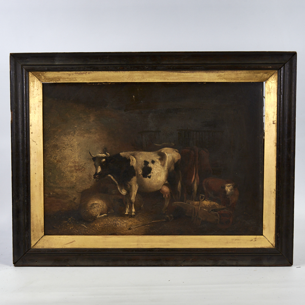 19th century oil on board, cattle in a barn, unsigned, 14" x 20", framed Good original condition, no