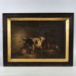 19th century oil on board, cattle in a barn, unsigned, 14" x 20", framed Good original condition, no