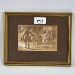 E C Hill, pencil heightened with white on brown paper, tavern interior scene, signed, 3" x 5",