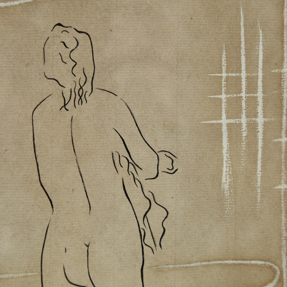 Mid-20th century ink on paper, standing nude, signed with monogram HM, 10" x 7.5", framed Slight - Image 3 of 4