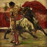 Tomai, oil on board, matador and bull, signed, 6.5" x 4.5", framed Good condition