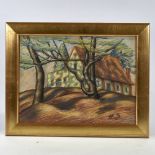 Hugo Scheiber, crayon on paper, house and trees, signed with monogram, 12" x 15", framed Good