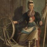 Thomas Sewell Robins (1810 - 1880), watercolour, woman with child at spinning wheel, signed with