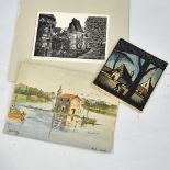 Hilary Paynter, wood engraving, 1971, and 2 other small watercolours by different hands (3)