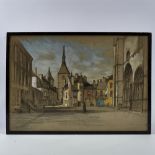 19th century charcoal and pastel drawing, Continental street scene, indistinct monogram, 14" x