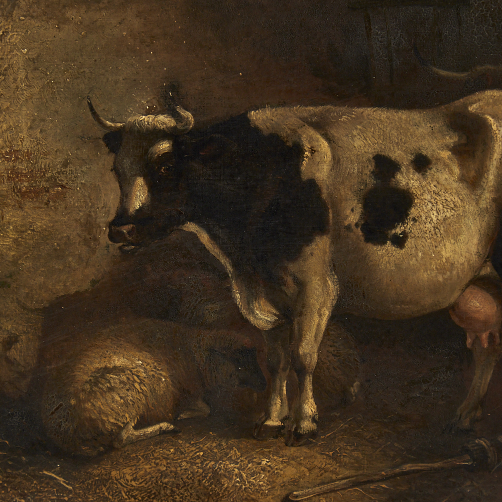 19th century oil on board, cattle in a barn, unsigned, 14" x 20", framed Good original condition, no - Image 4 of 8