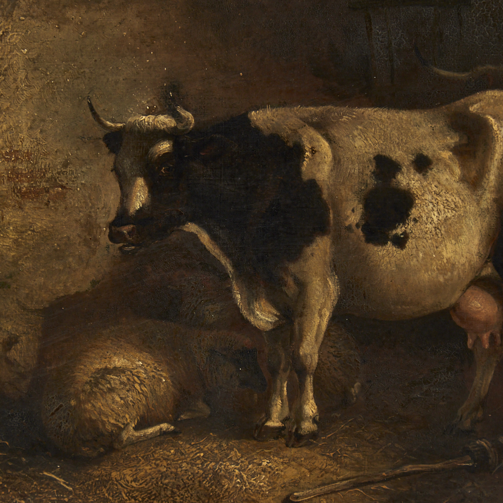 19th century oil on board, cattle in a barn, unsigned, 14" x 20", framed Good original condition, no - Image 3 of 8