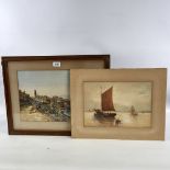 H Lloyd, watercolour, sailing barges, 9.5" x 13", and watercolour, Italian coastal view, unsigned,