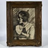 Early 20th century charcoal on paper, portrait of a young woman, unsigned, 14" x 10", framed Good