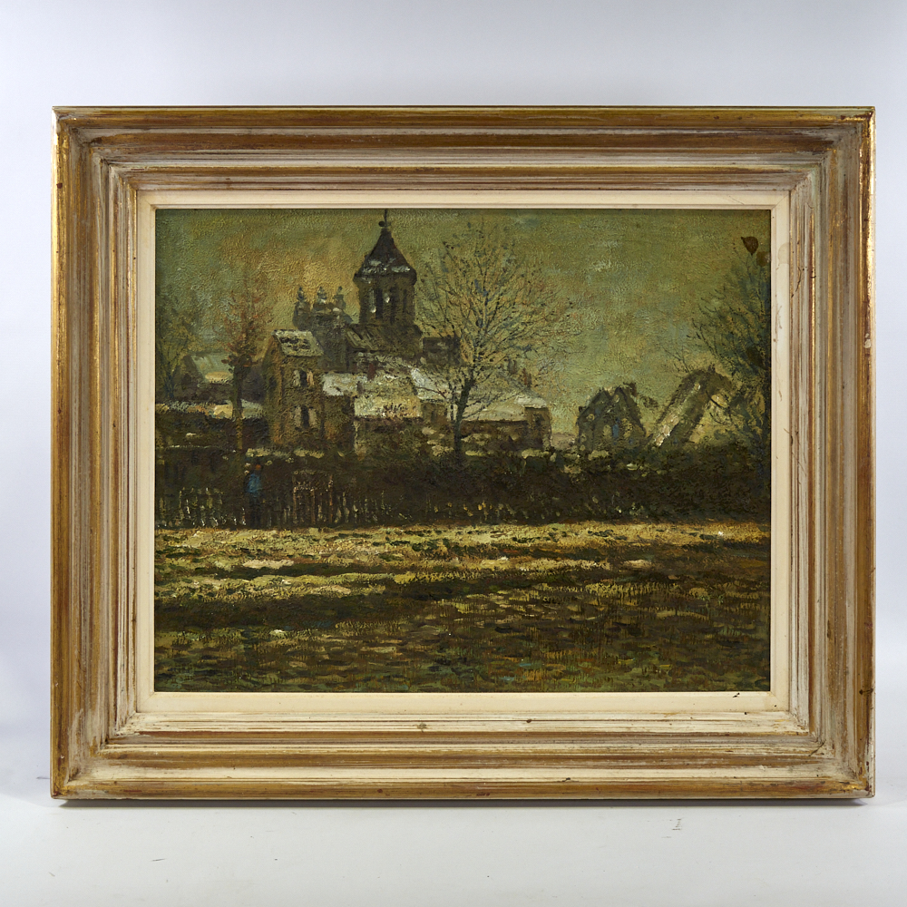 Mid-20th century oil on board, impressionist town scene, unsigned, 19" x 24", framed Good condition