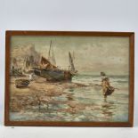 Francis Muschamp (1851 - 1929), watercolour, fisherwoman on Hastings beach, signed, 9.5" x 13.5",