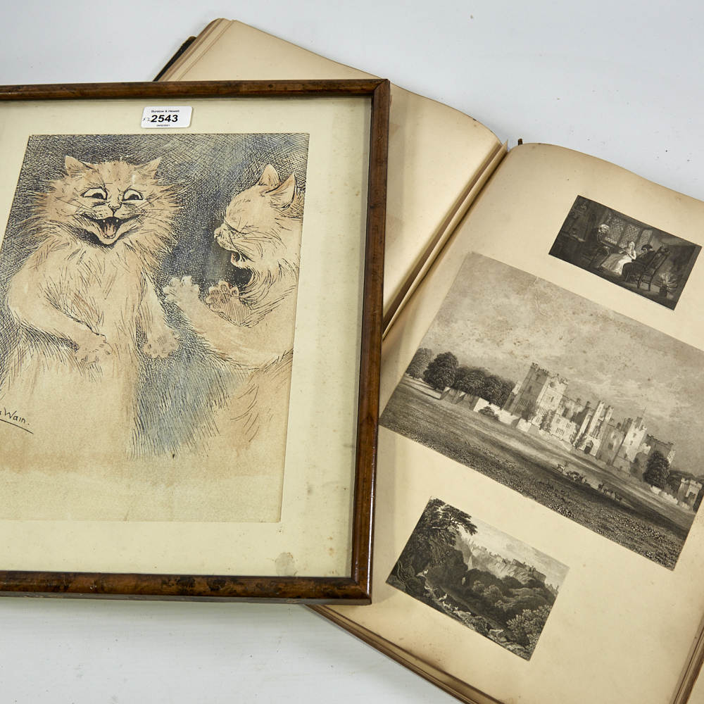 After Louis Wain, hand coloured print, cats, 12" x 8.5", and a album of 19th century prints and