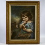 After John Russell, pastels on board, child with a dog, modern, 24" x 17", framed Good condition