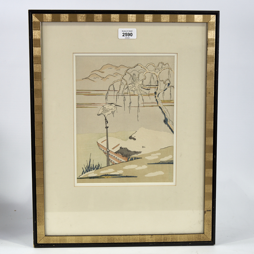 Suzuki Harunobu (1725 - 1770), woodblock print, White Herons In Snow, image 11" x 8", framed, - Image 3 of 8