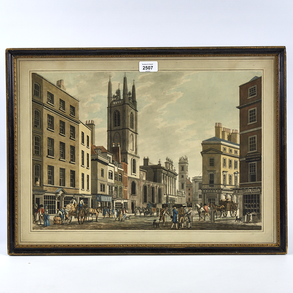 Thomas Malton, colour aquatint, view of the Bank from the Mansion House with the Church of St