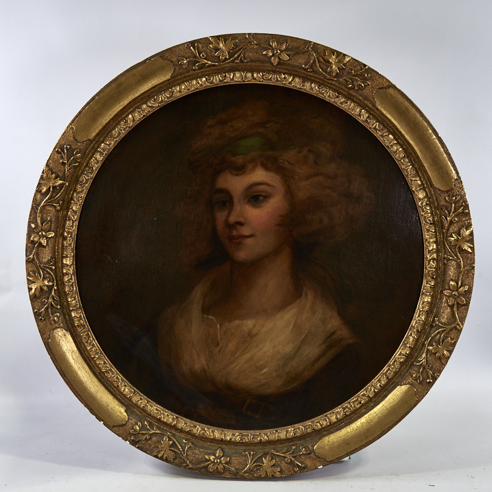 19th/20th century circular oil on canvas, portrait of a Gainsborough lady, unsigned, canvas 24"