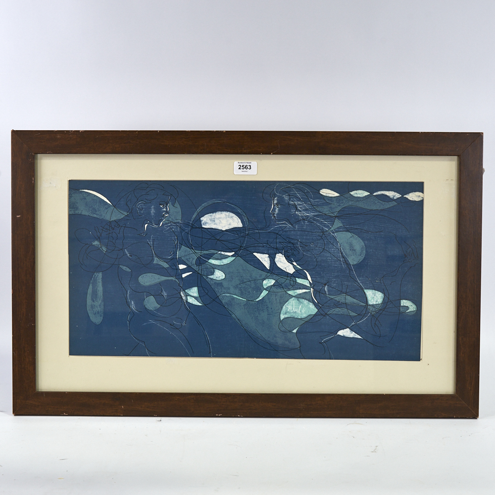 Hans Erni (Swiss), lithograph, lovers, 1964, image 12" x 24", framed Good condition - Image 2 of 4