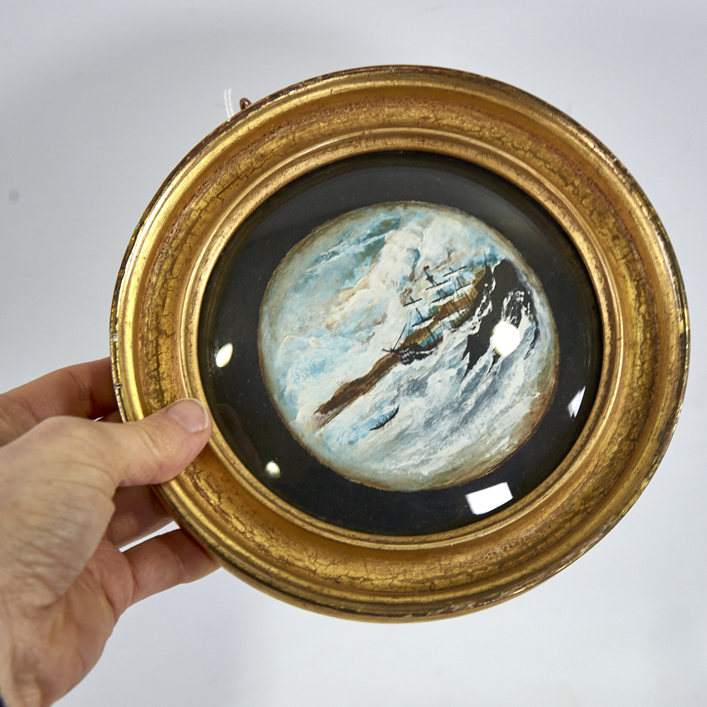 Miniature circular oil on board, shipwreck, unsigned, in gilt frame, frame diameter 6.5" Good - Image 7 of 8