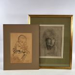 Follower of Augustus John, pencil/crayon drawing, young child, 1952, 13" x 9", mounted Repaired tear