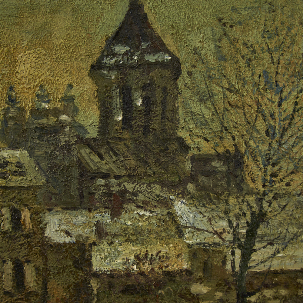 Mid-20th century oil on board, impressionist town scene, unsigned, 19" x 24", framed Good condition - Image 2 of 4