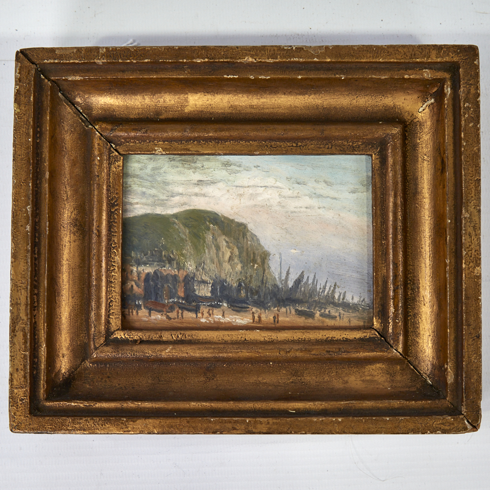 E Venis, miniature oil on board, fishing beach Hastings, unsigned, framed, overall frame size 6" x