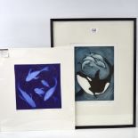 Harriet, coloured etching, ocean dance, image 11" x 7.5", and Susie Perring, etching, 5 silver fish,