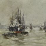 Oil on board, shipping on the Thames, unsigned, probably mid-20th century, 8.5" x 14", framed Good