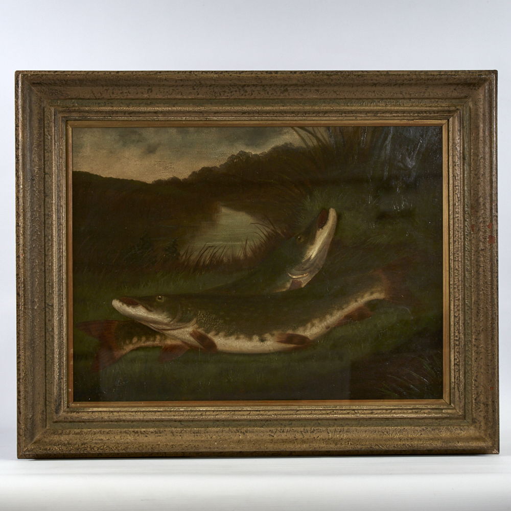 Roland Knight (fl. 1879 - 1921), oil on canvas laid on board, pike on a riverbank, signed, 18" x - Image 2 of 8