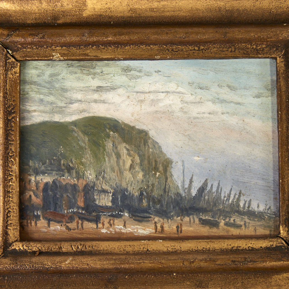 E Venis, miniature oil on board, fishing beach Hastings, unsigned, framed, overall frame size 6" x - Image 4 of 8
