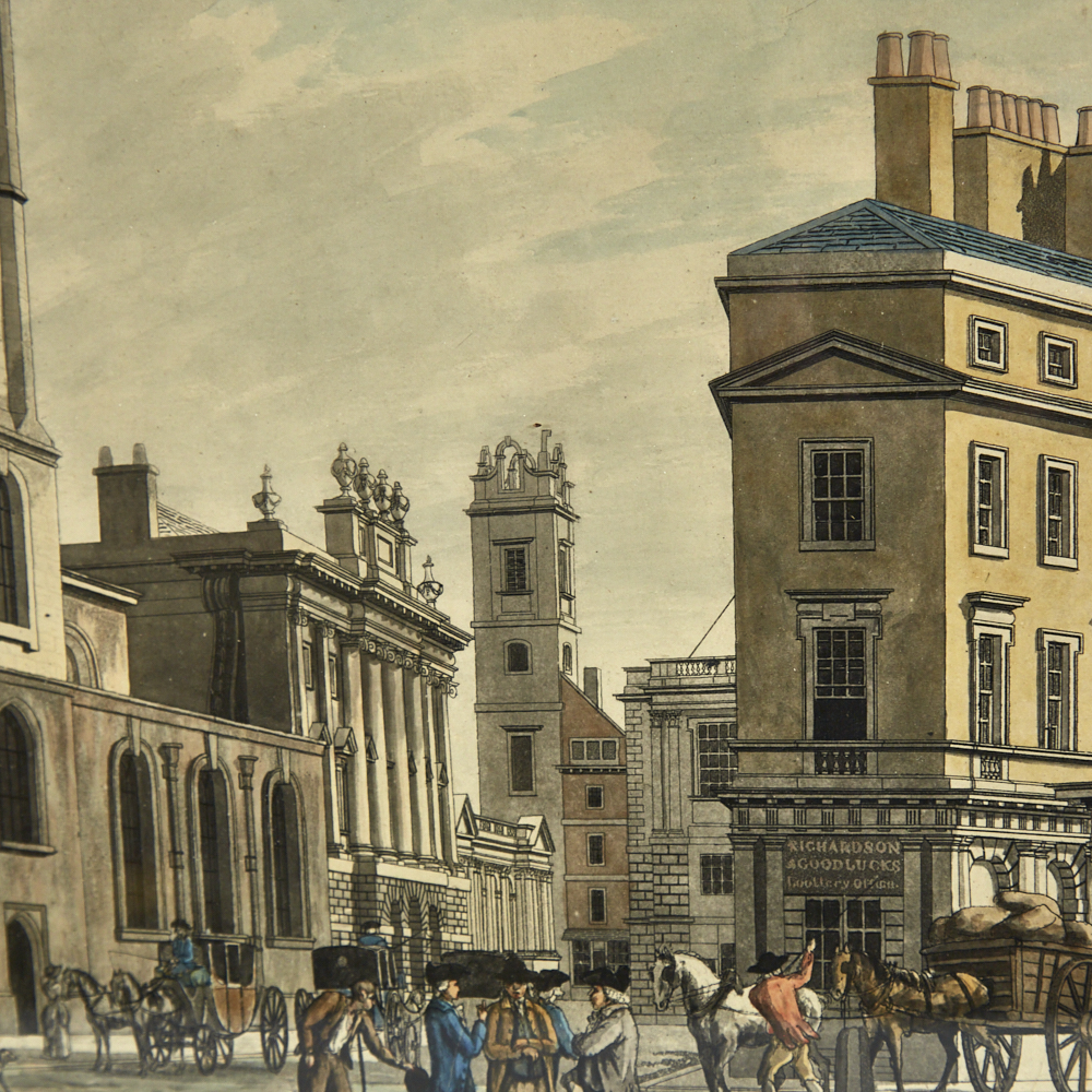 Thomas Malton, colour aquatint, view of the Bank from the Mansion House with the Church of St - Image 2 of 4