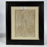 Mid-20th century ink on paper, standing nude, signed with monogram HM, 10" x 7.5", framed Slight