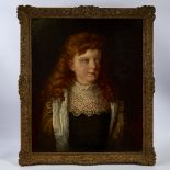 19th century oil on canvas, half length portrait of a girl with red hair, indistinctly signed and