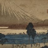 Utagawa Hiroshige, woodblock print, Kashiwahara rest area with view of Mount Fuji, circa 1840s, 9" x