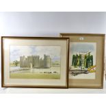 2 watercolours - David Crew, topiary, 16.5" x 12.5", and M Savage, Bodiam Castle, 15" x 22",