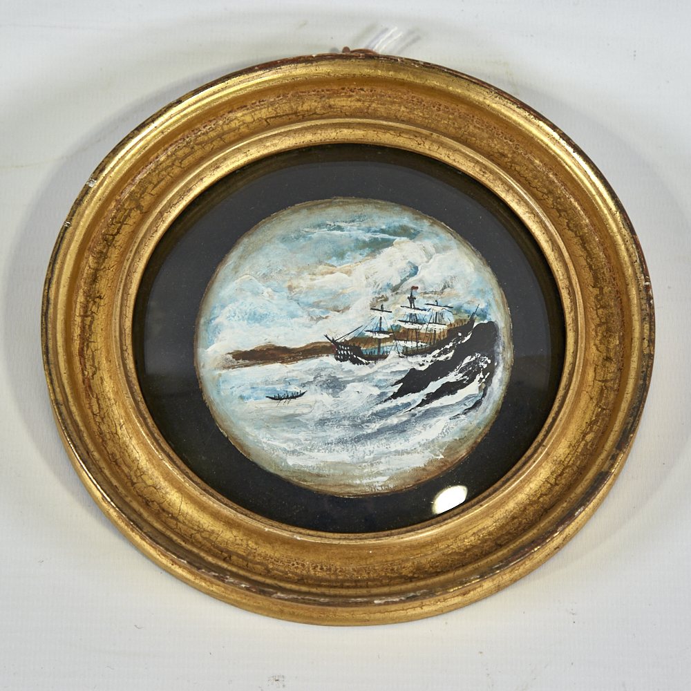 Miniature circular oil on board, shipwreck, unsigned, in gilt frame, frame diameter 6.5" Good - Image 2 of 8