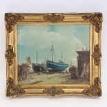 J B Hudson, oil on board, Hastings fishing boats, signed, 24cm x 30cm, framed
