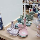A collection of Wedgwood green and pink Jasperware items, tallest vase 15.5cm