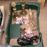 NatWest pigs (3), a pair of brass candlesticks, 30cm, ebonised elephants etc (boxful)