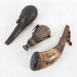 2 powder flasks, including horn and embossed leather, and a modern Beck Limited telescope (3)