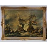 Large coloured print on canvas, Battle of Trafalgar, ornate gilt frame, overall 85cm x 115cm